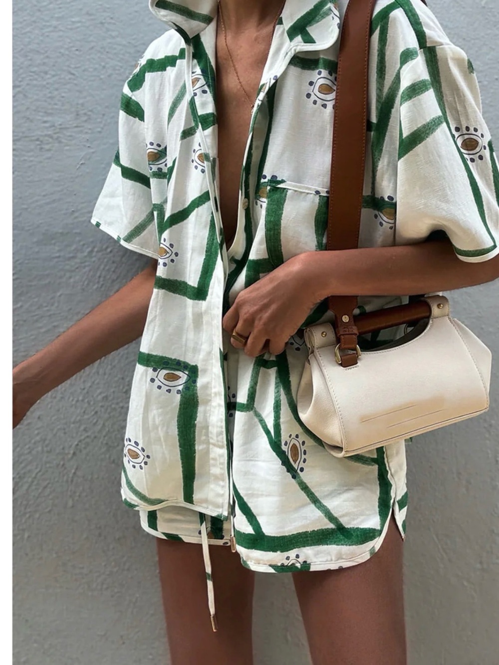 Commense - Drawstring Green & White Print Shorts Set